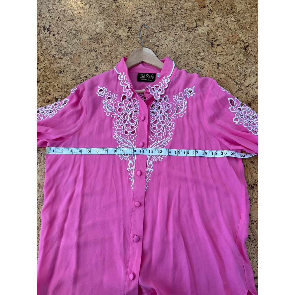 Bob Mackie Wearable Art VINTAGE 90s button down bubblegum 100% silk embroidery L - Picture 10 of 14